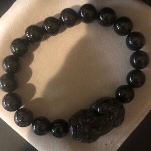 Buddha Power Black Obsidian Pi Yao Wealth Protection Bracelet One Size Stretchy
